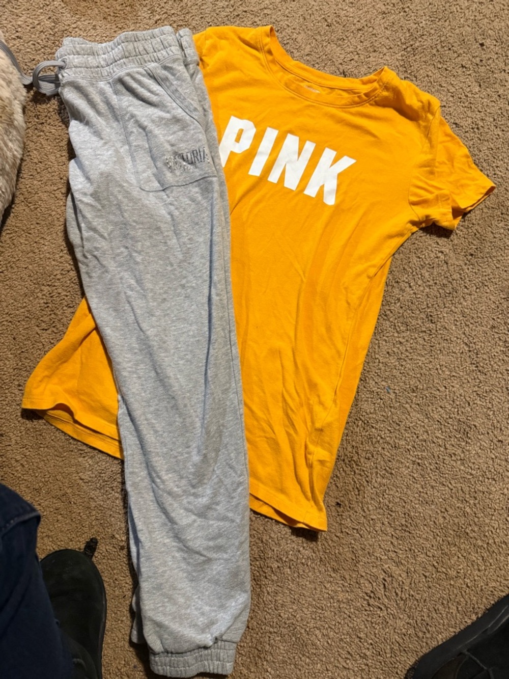 PINK Victoria's Secret Gray Joggers with Yellow PINK Tee